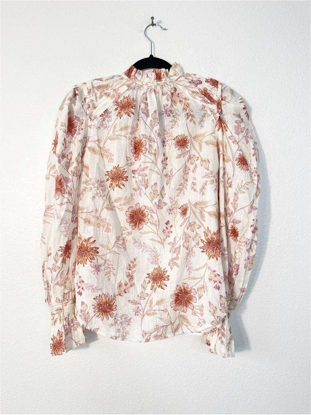 Free People Meant to Be Floral Blouse Tie-Neck Puff Sleeve XS Victorian Boho